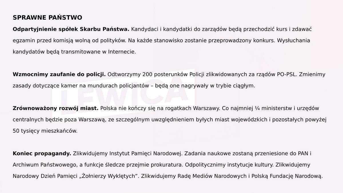Program lewicy przygotowany na wybory parlamentarne 2019.